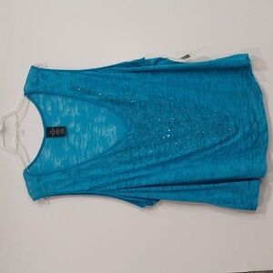 NWT Faded Glory Caribbean Blue Sequin and Beaded V Neck sheer tank Size 4X